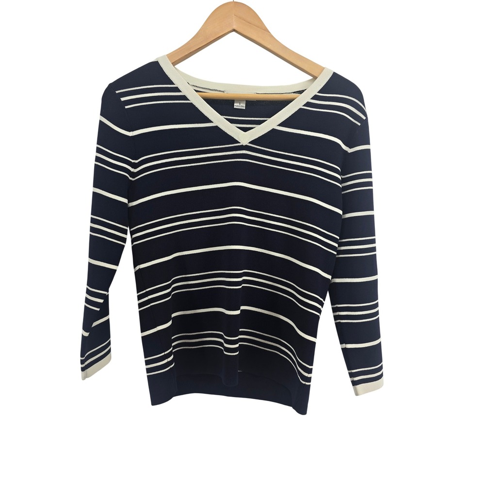 Pendleton Sweater Womens S V-Neck Navy Blue Striped 3/4 Sleeve EUC